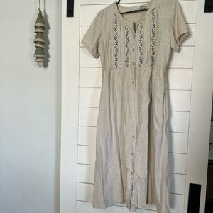 Embroidered Cream Button-Front Midi Dress